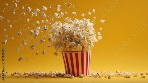 Explosion of popcorn in a red and white striped bucket against a vibrant yellow background with scattered kernels and a dynamic sense of motion and deliciousness, perfect for movie night advertising