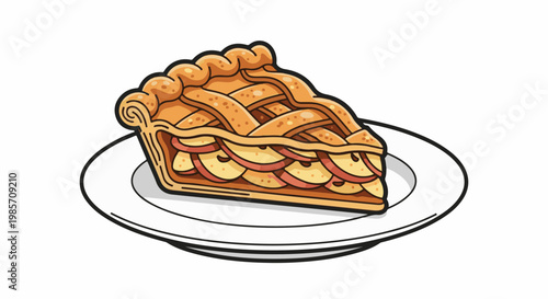 A slice of baked pie with golden lattice crust sits on a white plate