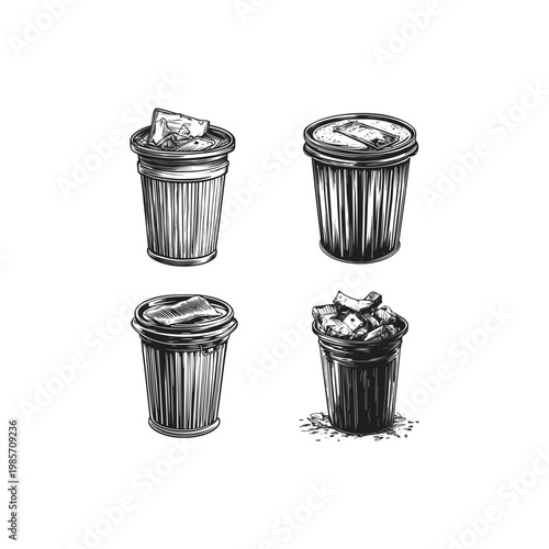 Set of vintage hand-drawn sketches of trash cans and garbage bins isolated on white background