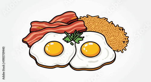 A hearty breakfast plate with sunny-side-up eggs, crispy bacon, and hash browns