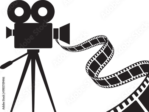 Film camera with movie reel and strip cinema production icon vector illustration