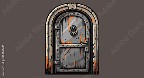 A heavy, ancient, arched wooden door with iron bands, rivets, and a knocker