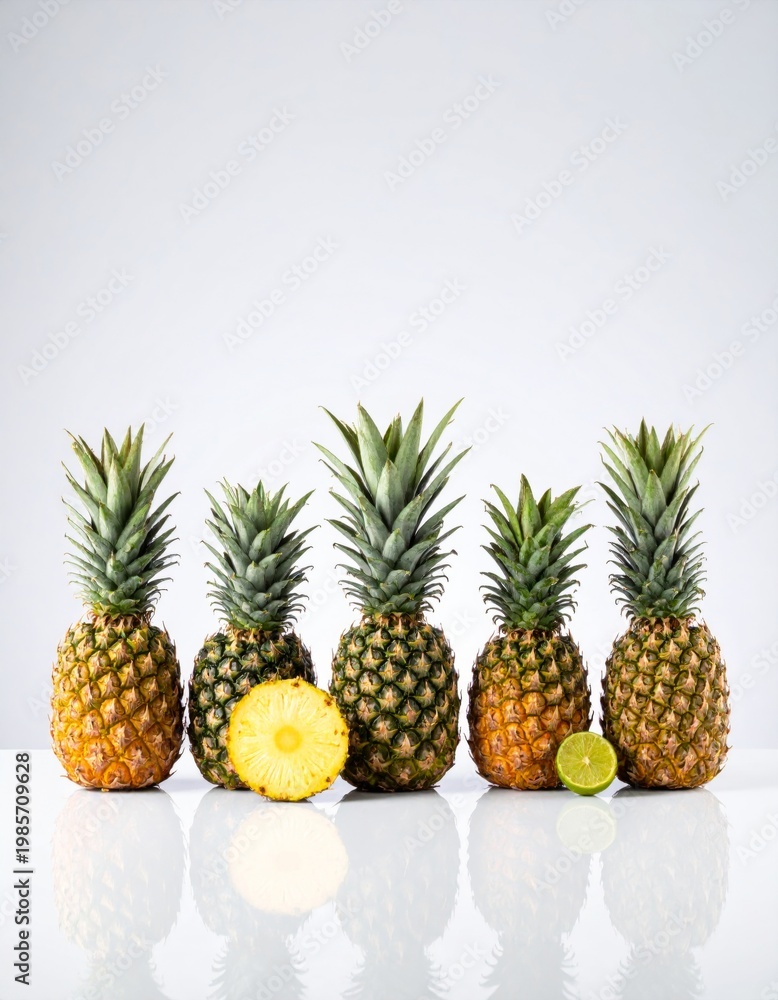 Fototapeta premium Five Whole Pineapples and Half a Pineapple with Lime Slice on White Surface with Reflections