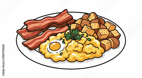 A hearty breakfast of scrambled eggs, crispy bacon, and fried potatoes
