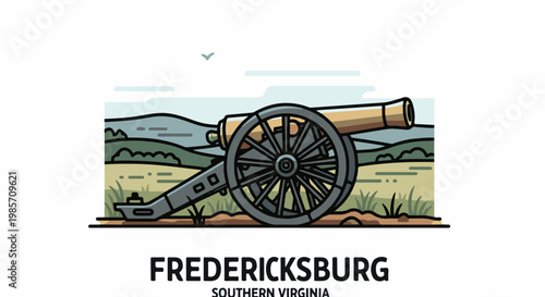 A historical cannon sits on a grassy field with rolling hills in the background