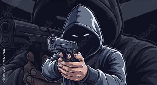 A hooded figure holds a handgun pointed forward, eyes glowing white