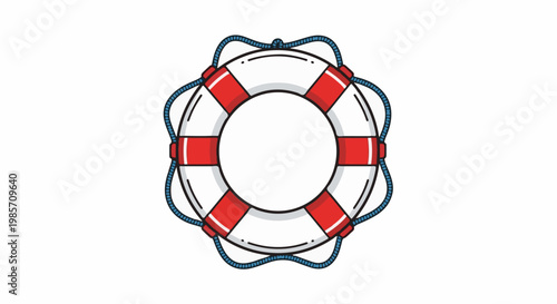 A red and white ring buoy with a blue rope tied around it