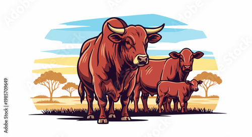 A herd of red cattle, including a bull, cow, and calf, stand in a grassy landscape
