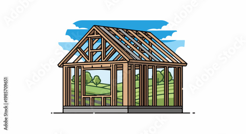 A house frame sits on a foundation, overlooking a green landscape