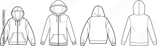 Hoodie jacket technical drawing set, front and back views, zip up sweatshirt template, casual apparel design outline – vector illustration