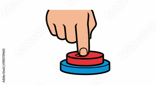 A human finger presses a red button on top of a blue base