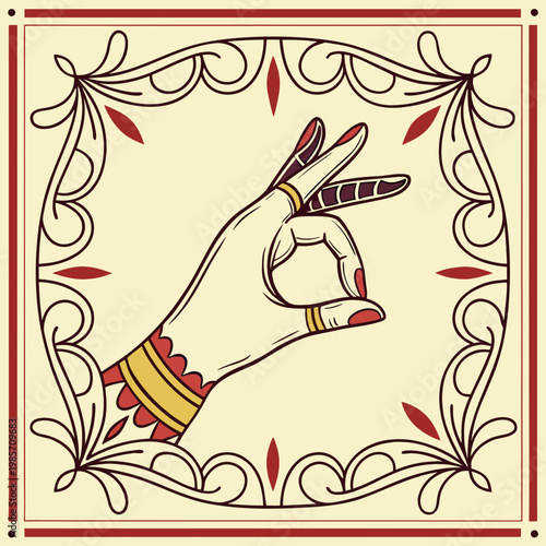 Traditional mudra hand with frame on light background.