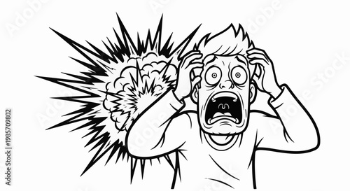 A person with hands on head in shock, with an explosion graphic behind