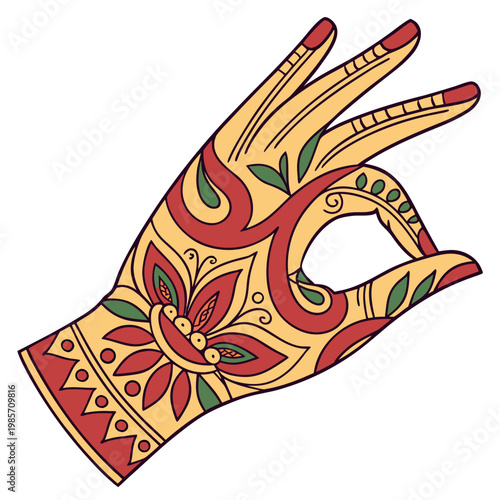 Yoga mudra hand decorated with henna tattoo art.