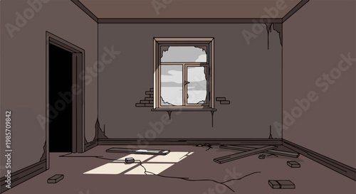 Dilapidated room with broken window, debris on floor, and dark doorway