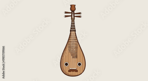 A pixelated illustration of a wooden lute with strings, on a plain background