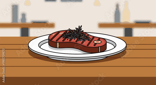 A grilled steak garnished with herbs rests on a white plate