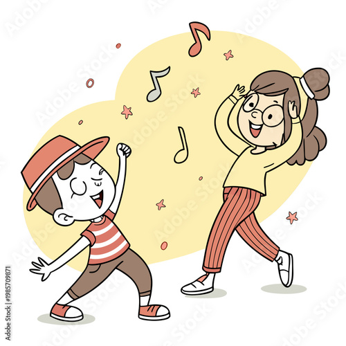 Boy and girl dancing and singing with joy.