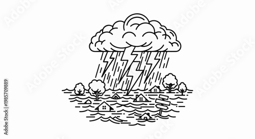 Stylized illustration of a violent storm with lightning, rain, and flooding, inundating homes and trees