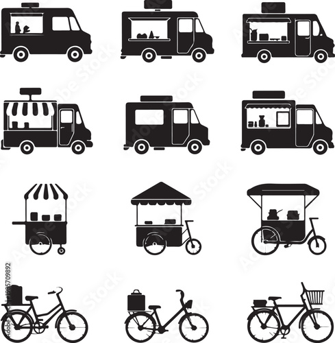Food Vehicles, Truck, Van, Pushcart, Mono Set, Street Food and Fast Food
