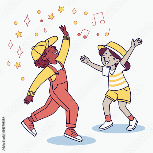 Two kids dancing together with music notes and stars.