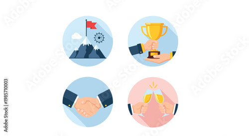 Business success and achievement icons featuring mountain climbing trophy awards handshakes and celebratory champagne toasts.