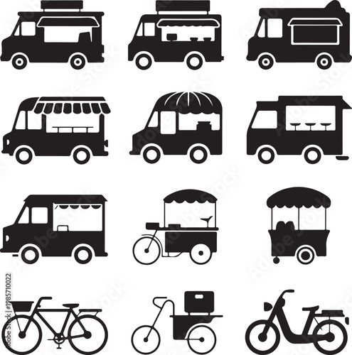 Food Vehicles, Truck, Van, Pushcart, Mono Set, Street Food and Fast Food