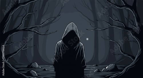 A hooded figure stands in a dark, pixelated forest with a faint light in the distance