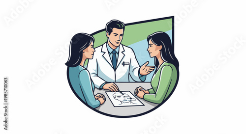Doctor consulting two women on a medical diagram of a face