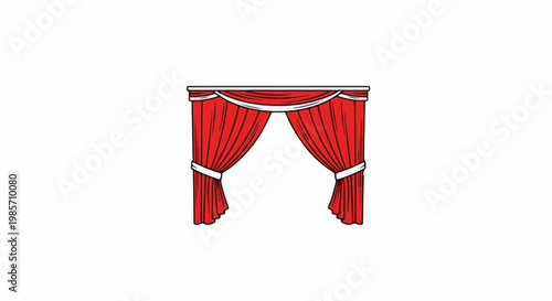 Drawn red stage curtains with white swag and ties on a white background