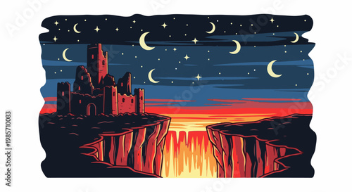 A pixelated castle rests on a cliff edge overlooking a fiery chasm under a night sky
