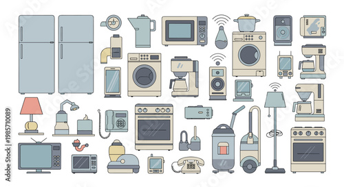 Comprehensive collection of home appliance icons featuring refrigerators washing machines ovens vacuum cleaners and electronics.