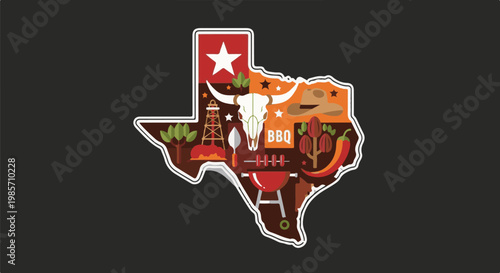 Texas state shape filled with iconic imagery oil rig, longhorn skull, cowboy hat, BBQ, chili peppers