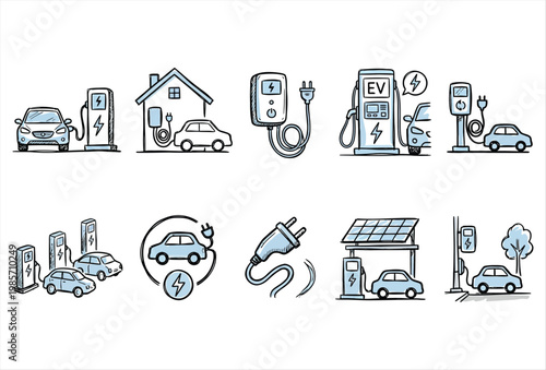 Electric Car Charging Icon Set – Hand Drawn EV Energy Vector