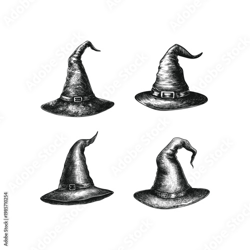 Hand drawn vintage collection of witch hats isolated on white background.