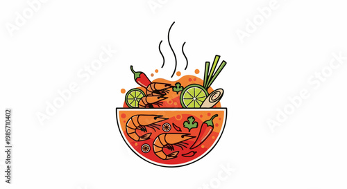 A bowl of steaming soup with shrimp, lime, chili, and herbs