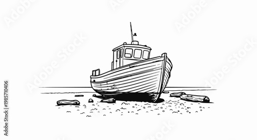 A black and white sketch of a fishing boat resting on a pebbled shore