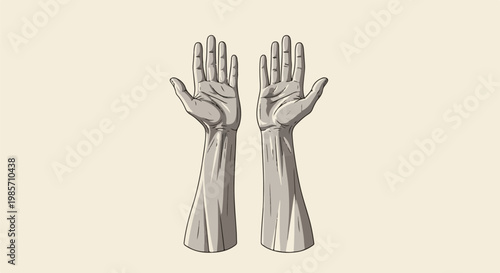 Two stylized open hands with detailed shading on a pale background