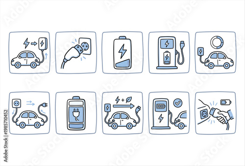 Electric Car Charging Icon Set – Hand Drawn EV Energy Vector