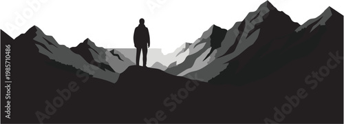Contemplative Silhouette of a Person Standing on a Rocky Cliff Looking Out Over a Layered Mountain Range During a Calm Morning Mist or Foggy Dawn