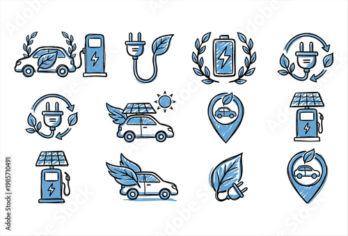 Electric Car Charging Icon Set – Hand Drawn EV Energy Vector