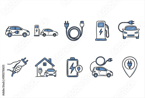Electric Car Charging Icon Set – Hand Drawn EV Energy Vector