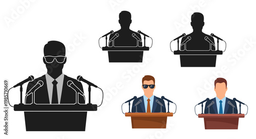 Set of speaker silhouettes and illustrations standing at a podium with microphones for public speaking or political speeches.