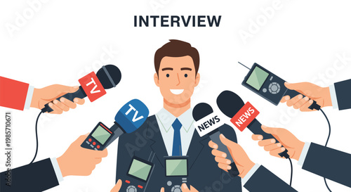 Public figure being interviewed by several reporters holding microphones recorders and news equipment for a media event.