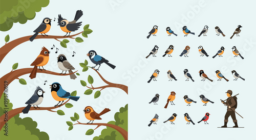 Illustration of many different bird species perched on tree branches with a hunter figure standing nearby in the forest.