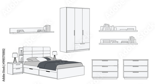 Bedroom furniture arrangement showing a bed wardrobe chest of drawers and shelves in a clean line drawing style.
