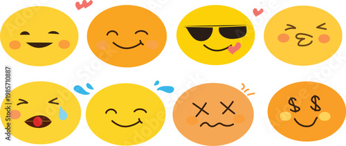 collection of eight circular emoji stickers with various facial expressions.