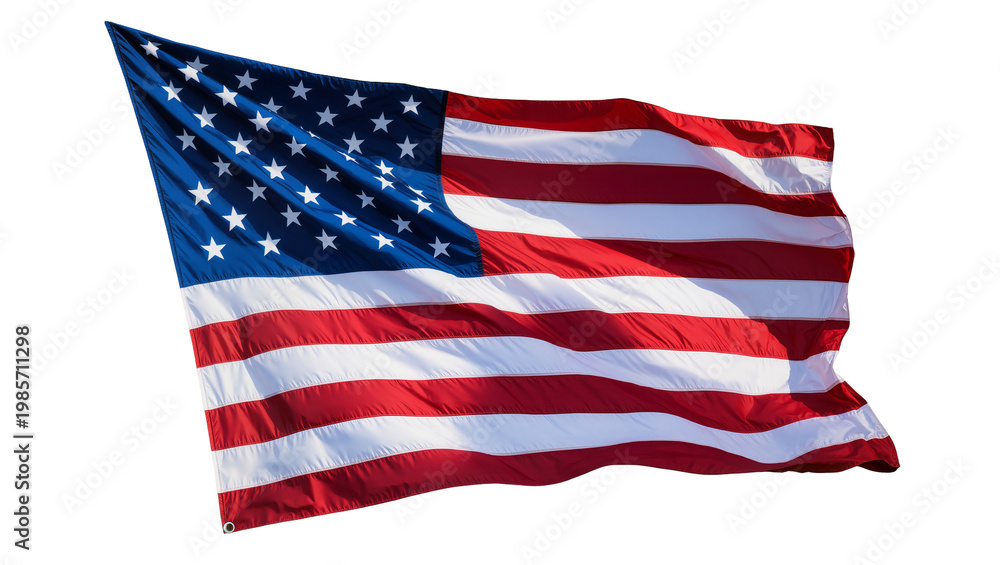 Obraz premium Waving American flag with red and white stripes and blue field with stars, isolated on transparent background