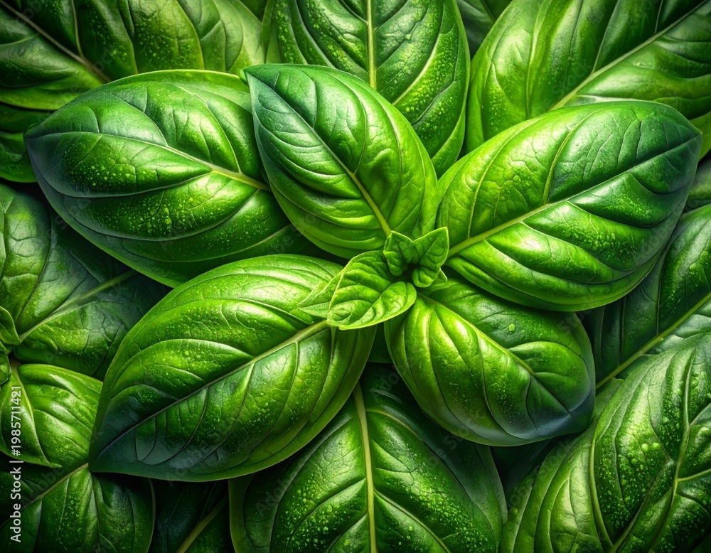 Fototapeta premium Vibrant Green Basil Leaves Close Up Wet Dew Drops Nature Freshness Healthy Food Ingredient