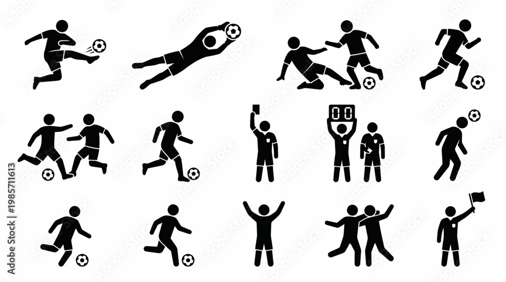 Fototapeta premium Soccer Silhouette Icons Players Referee Goalkeeper Dribbling Kicking Tackling Substitution Red Card Football Match Action Symbols Collection
